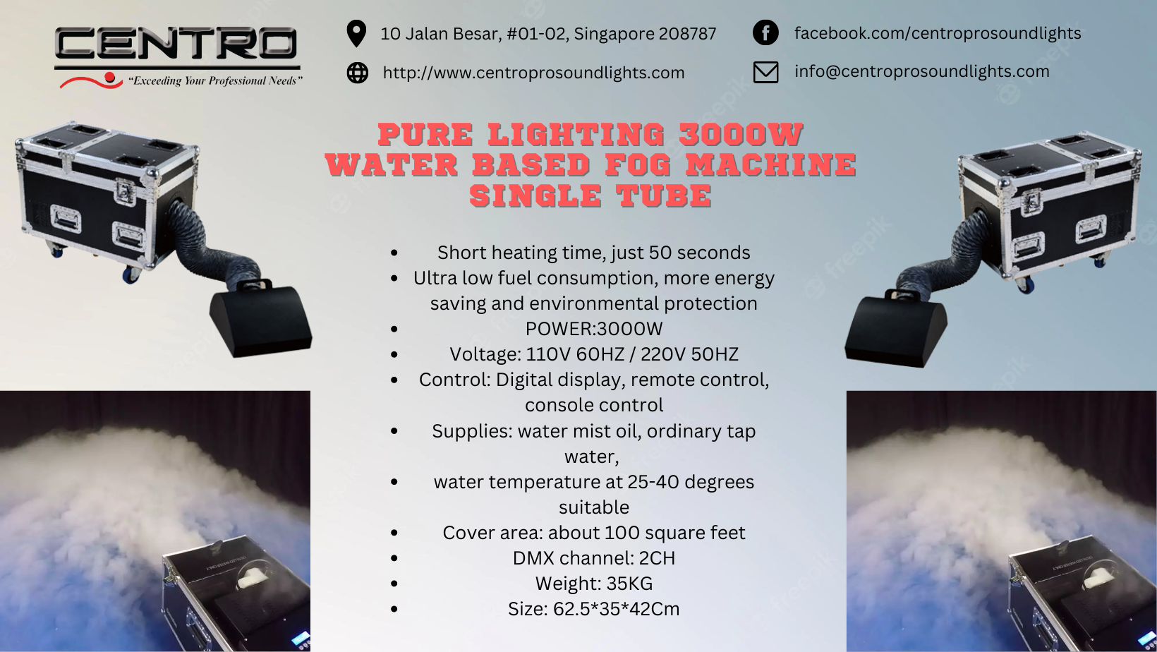 Centro Pro 3000W Waterbase Low Fog Machine with Single Tube
