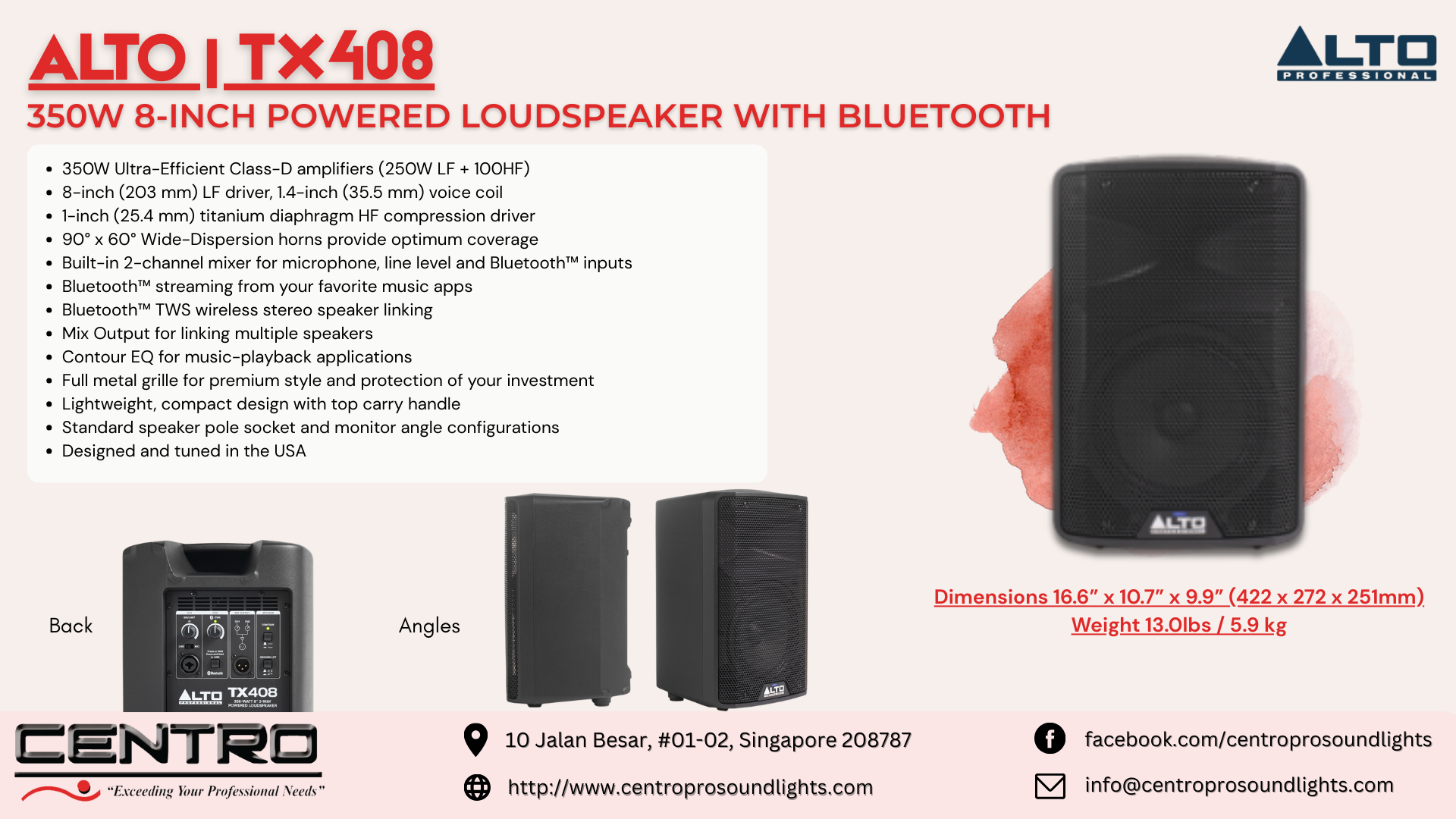 ALTO TX408 – 350W 8-inch Powered Loudspeaker with Bluetooth