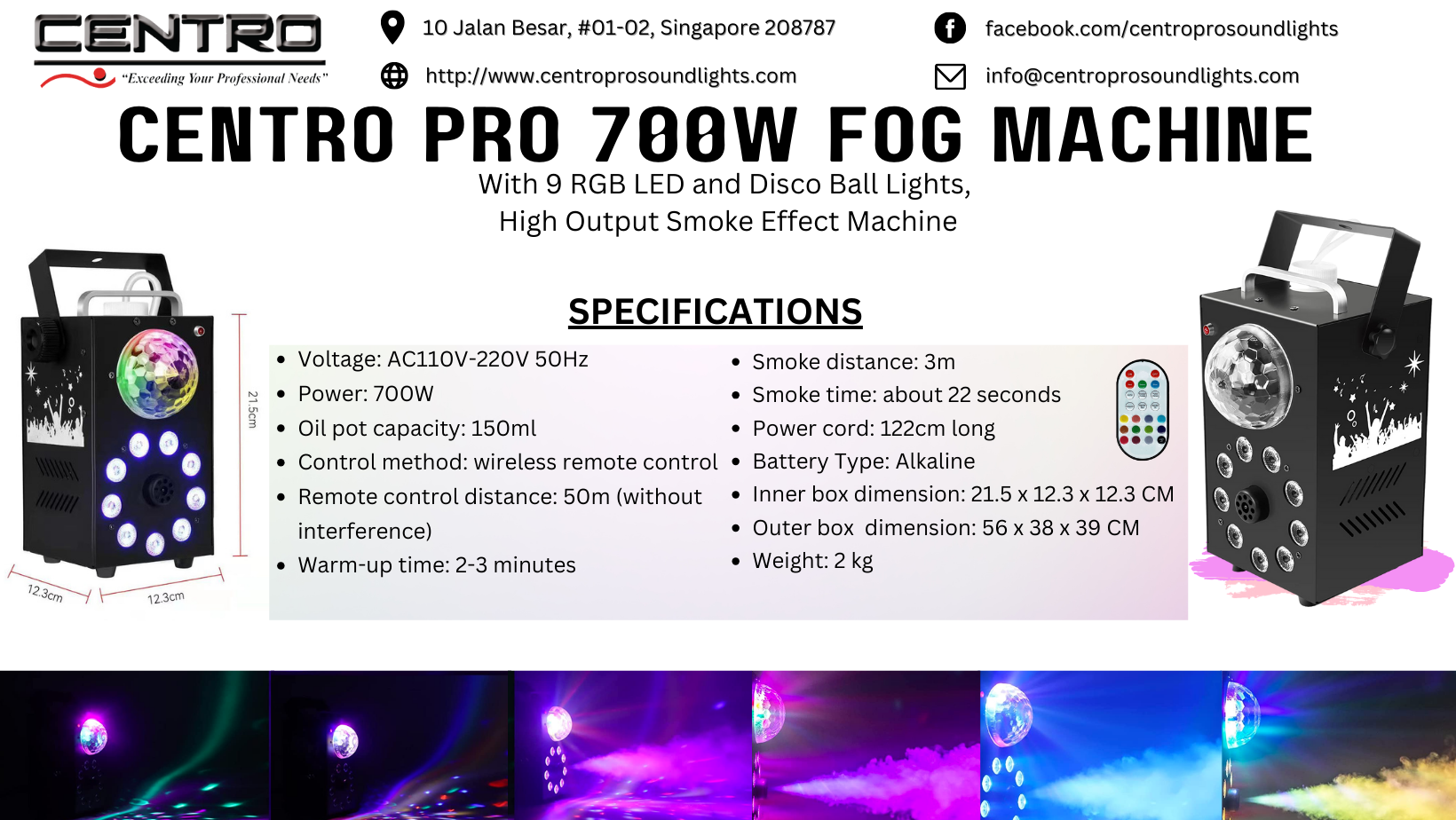 Centro Pro 700W Fog Machine with 9 RGB LED and Disco Ball Lights,  High Output Smoke Effect Machine