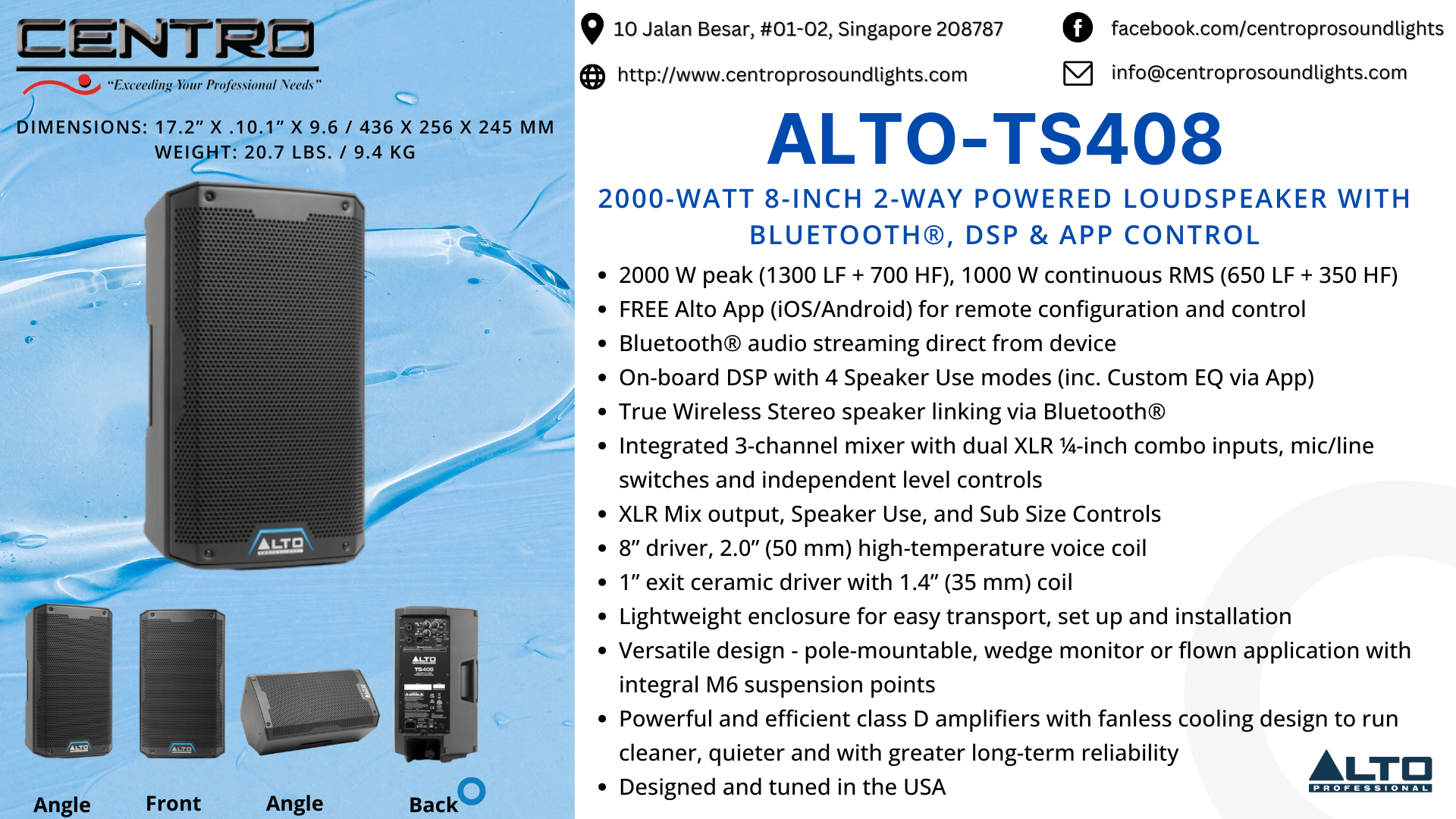 ALTO TS408 – 2000-Watt 8-Inch 2-Way Powered Loudspeaker With Bluetooth®, DSP & App Control