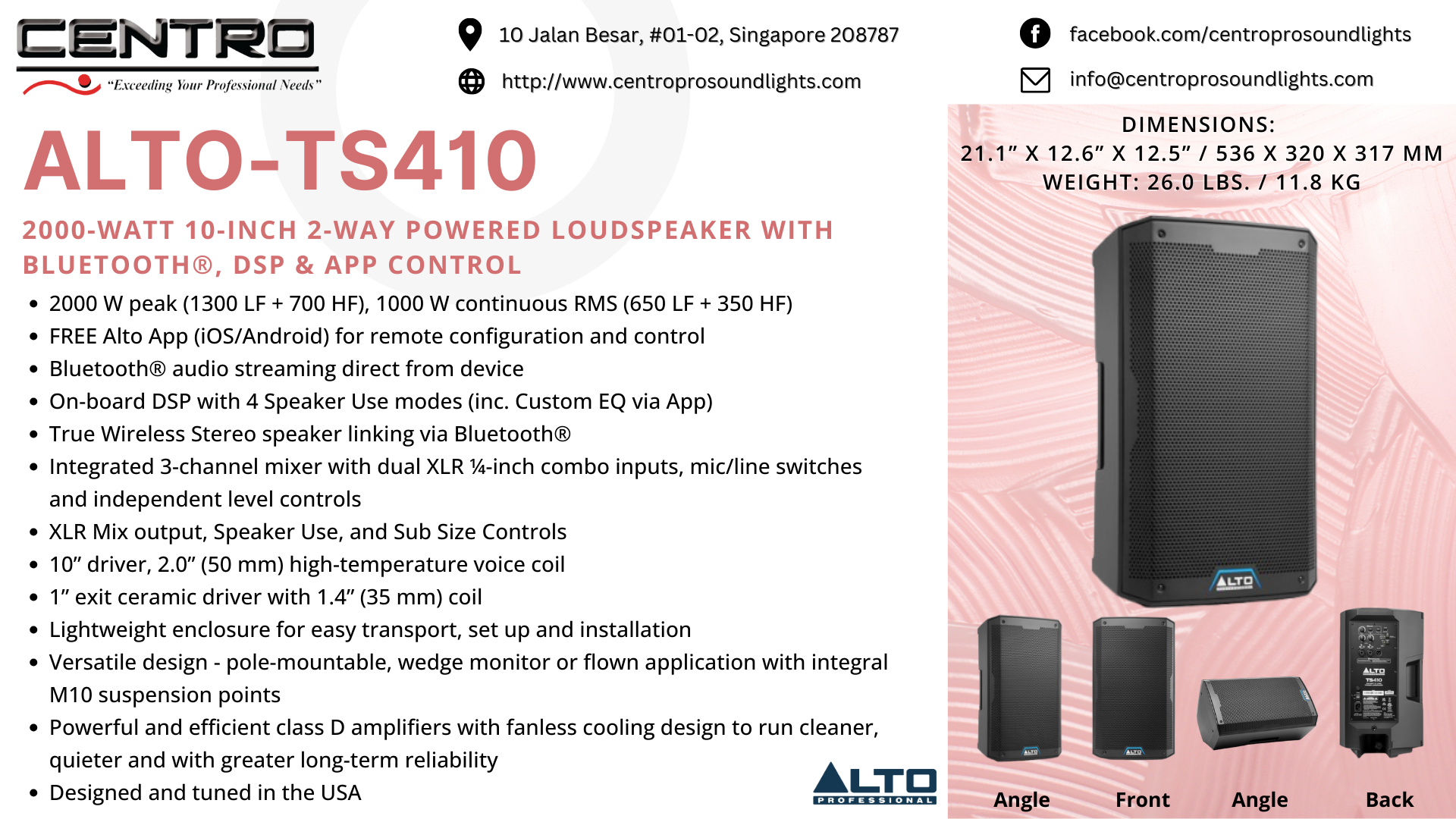ALTO TS410 – 2000-Watt 10-Inch 2-Way Powered Loudspeaker With Bluetooth®, DSP & App Control