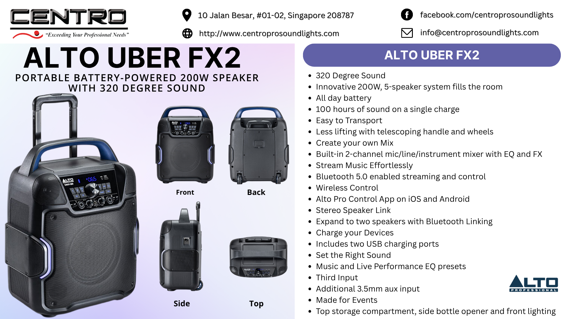 ALTO UBER FX2 – Portable Battery-Powered 200W Speaker with 320 Degree Sound