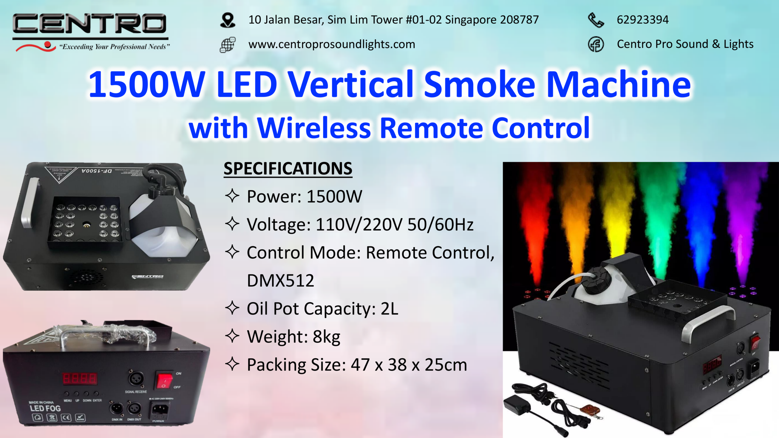 Centro Pro 1500W LED Vertical Smoke Machine with Wireless Remote Control