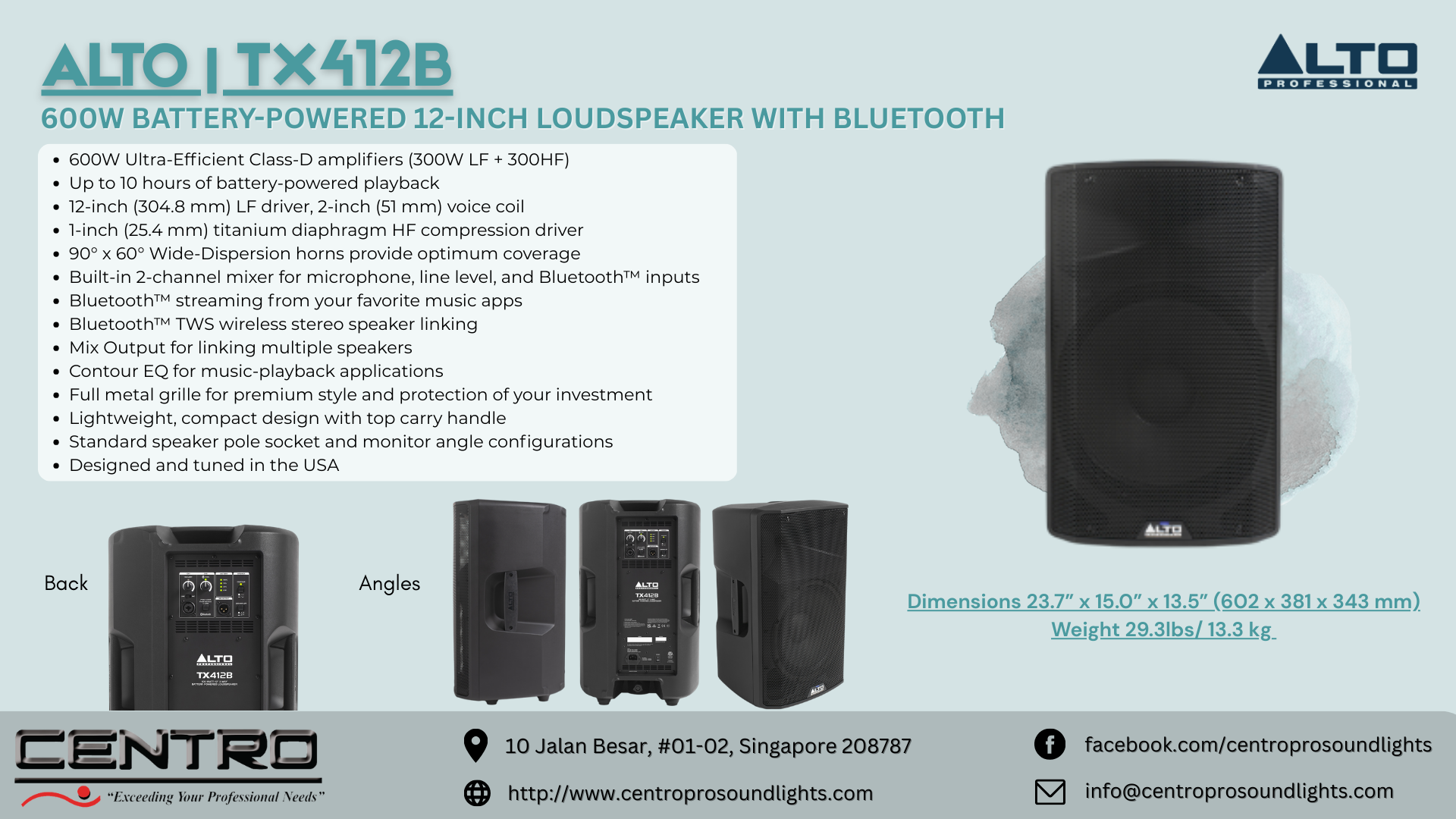 ALTO TX412B – 600W Battery Powered 12-inch Loudspeaker with Bluetooth