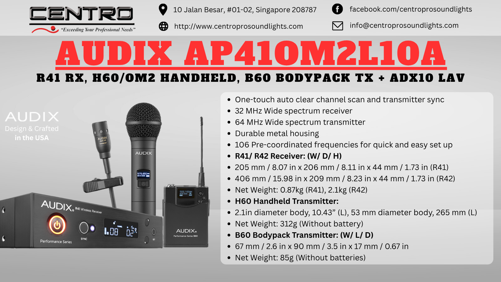 AUDIX AP41OM2L10A – R41 RX, H60/OM2 Handhelxd, B60 Bodypack TX + ADX10 Lav