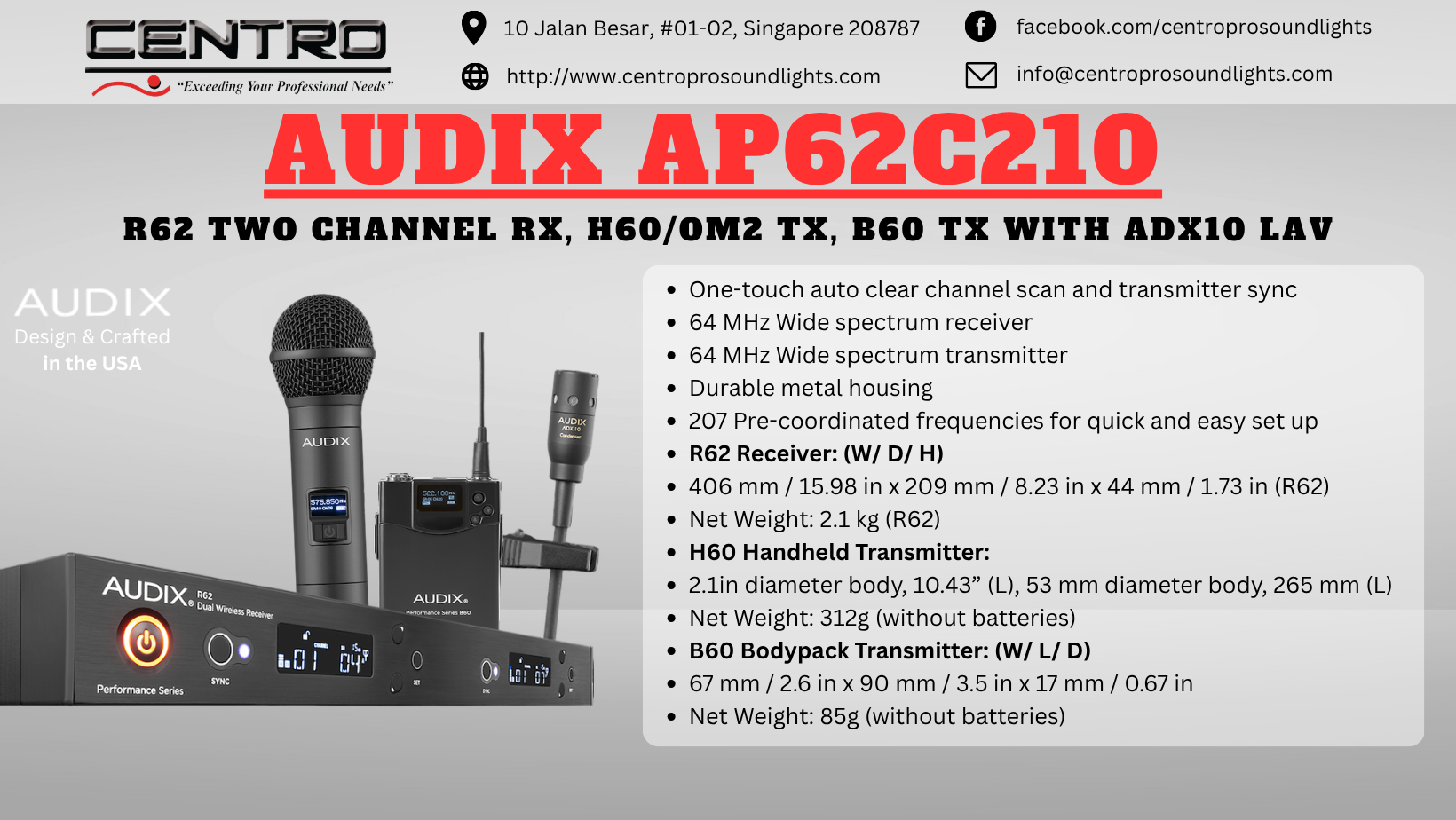 AUDIX AP62C210 – R62 Two Channel RX, H60/OM2 TX, B60 TX with ADX10 Lav