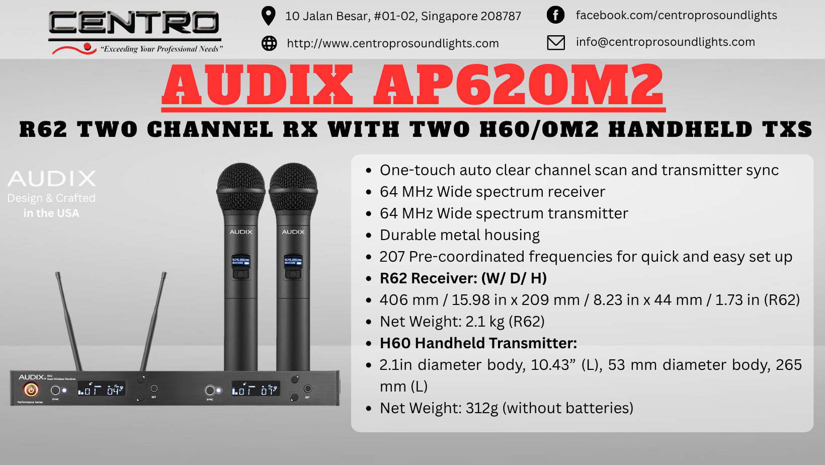 AUDIX AP62OM2 – R62 Two Channel RX with Two H60/OM2 Handheld TXs