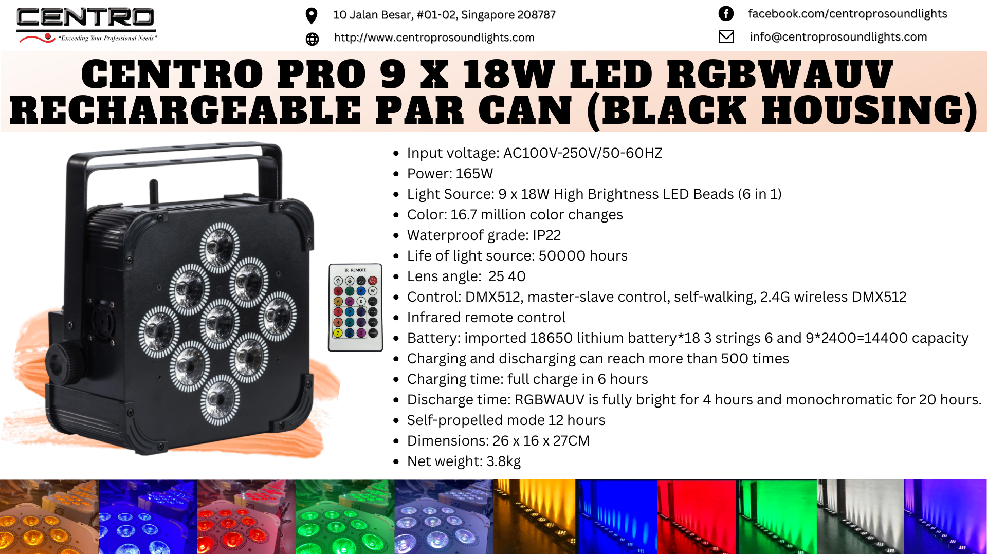 Centro Pro 9 x 18W LED RGBWAUV Rechargeable Par Can (black housing)