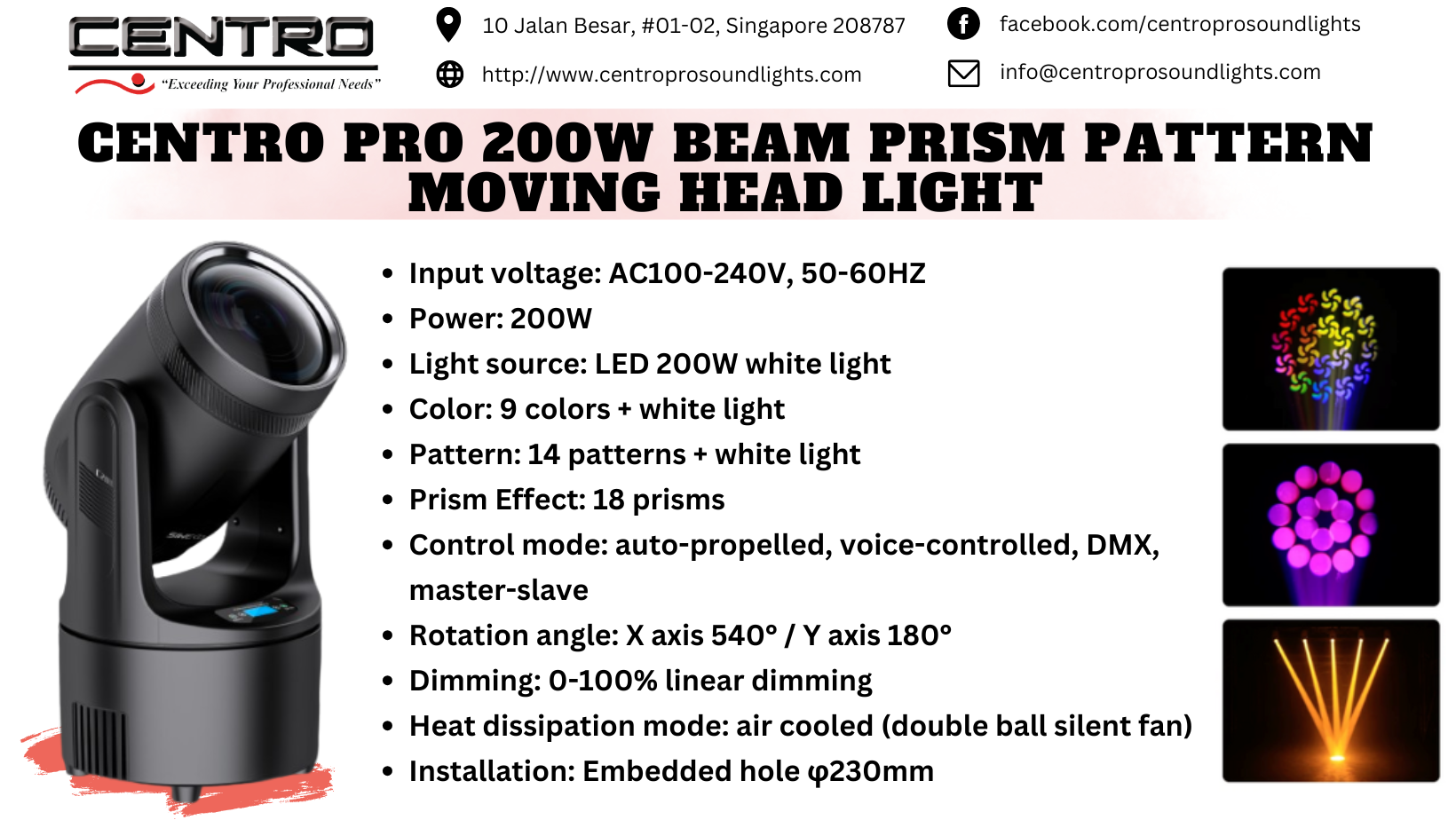 Centro Pro 200W Beam Prism Pattern Moving Head Light