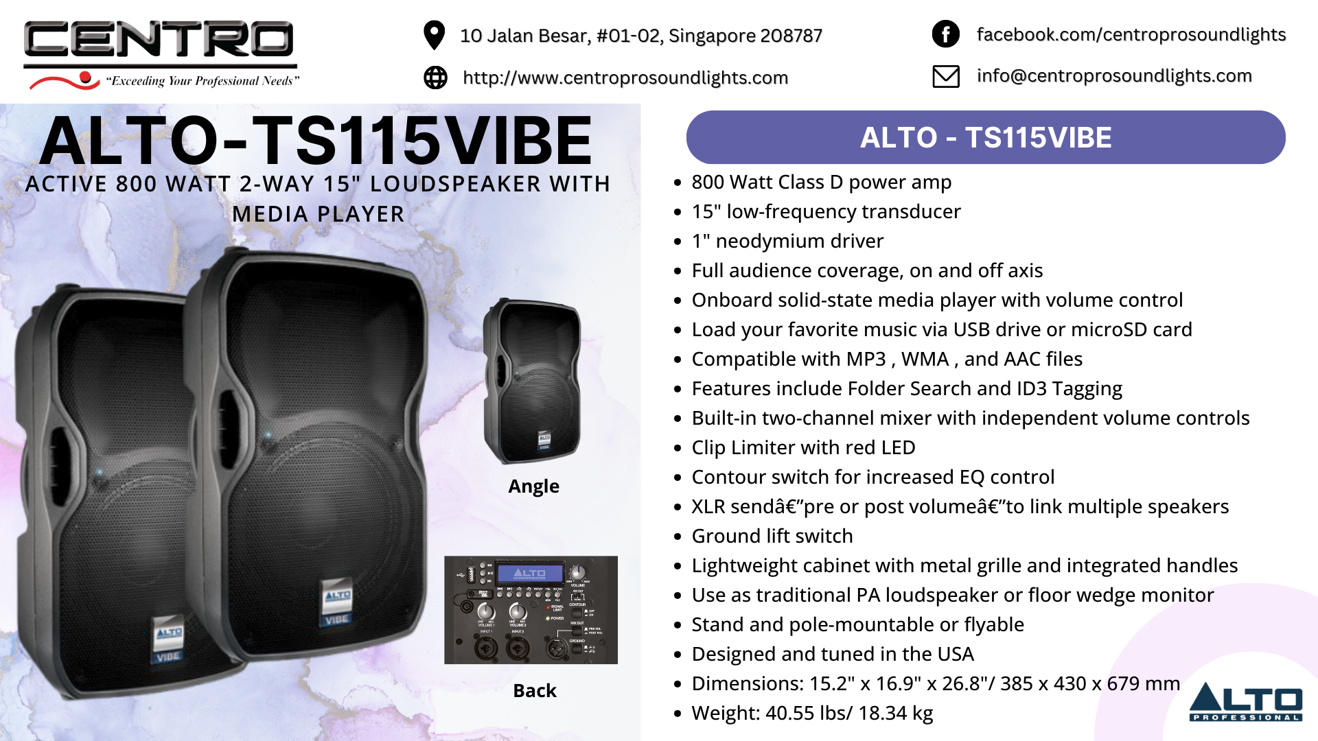 Alto TS115 VIBE Active 800W 2 Way 15” Loudspeaker with Media Player