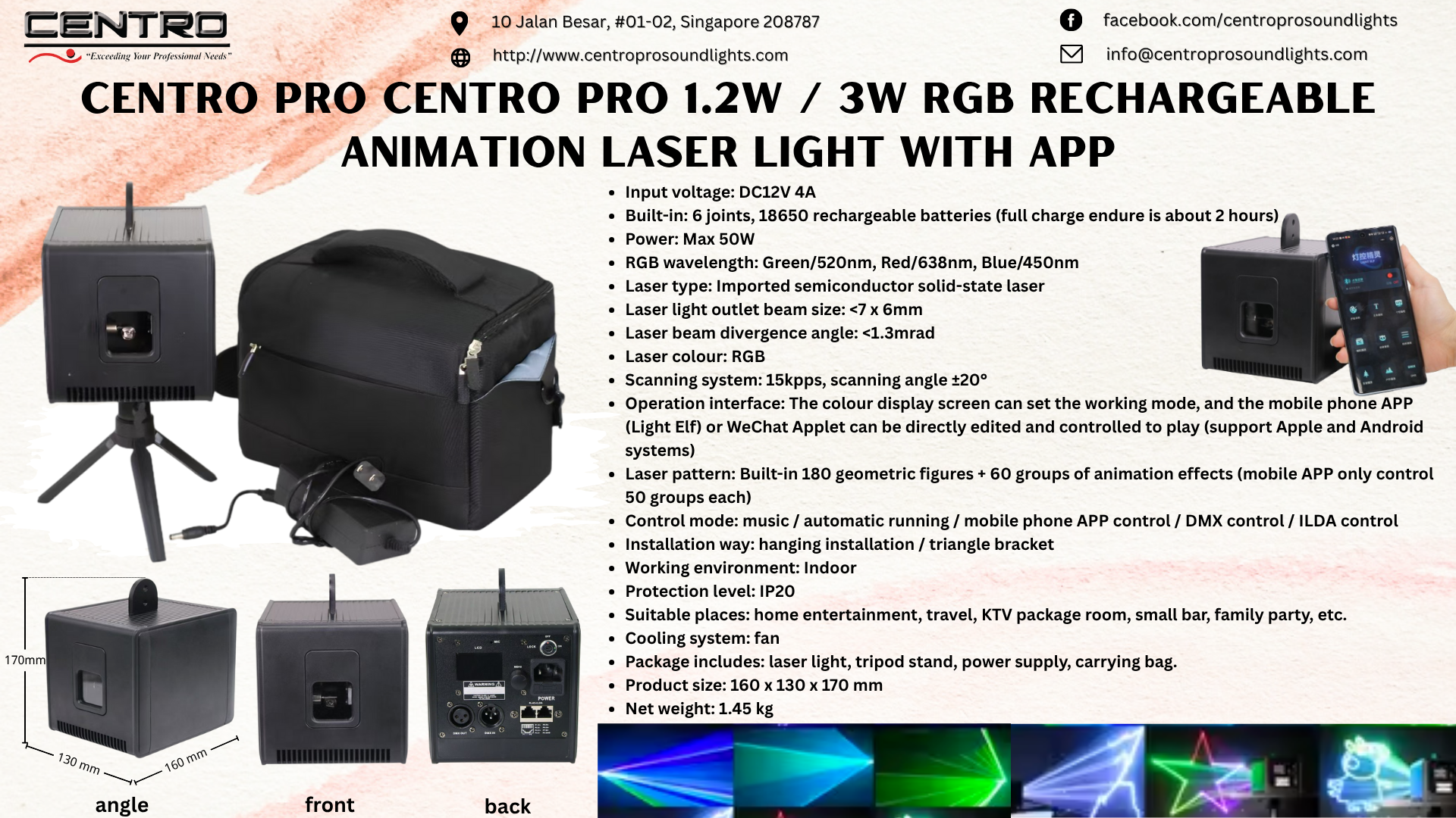 Centro Pro 1.2W / 3W RGB Rechargeable Animation Laser Light with App