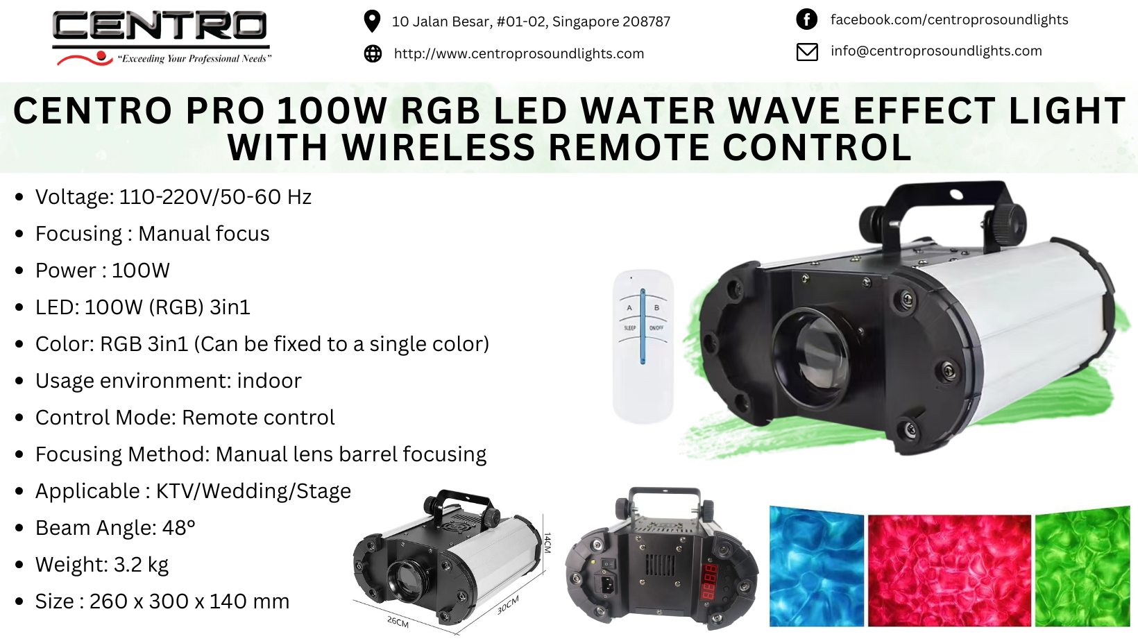 Centro Pro 100W RGB LED Water Wave Effect Light with wireless remote control
