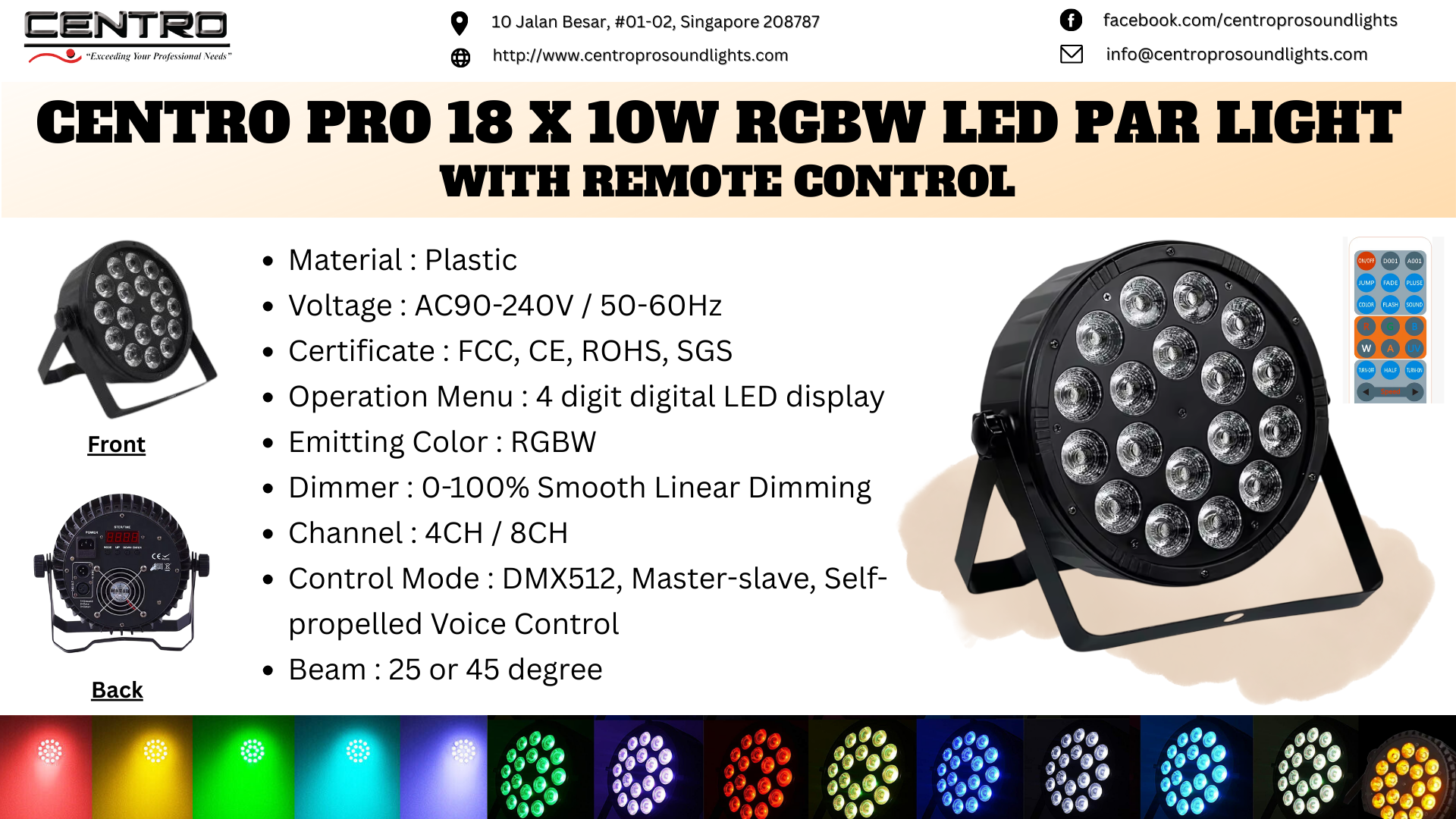 Centro Pro 18 x 10W RGBW LED Par Light with Remote Control