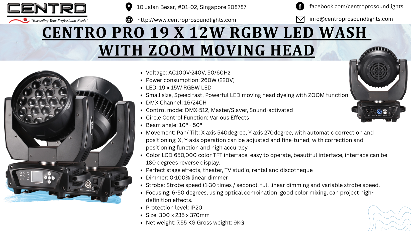 Centro Pro 19 x 12W RGBW LED Wash  with Zoom Moving Head