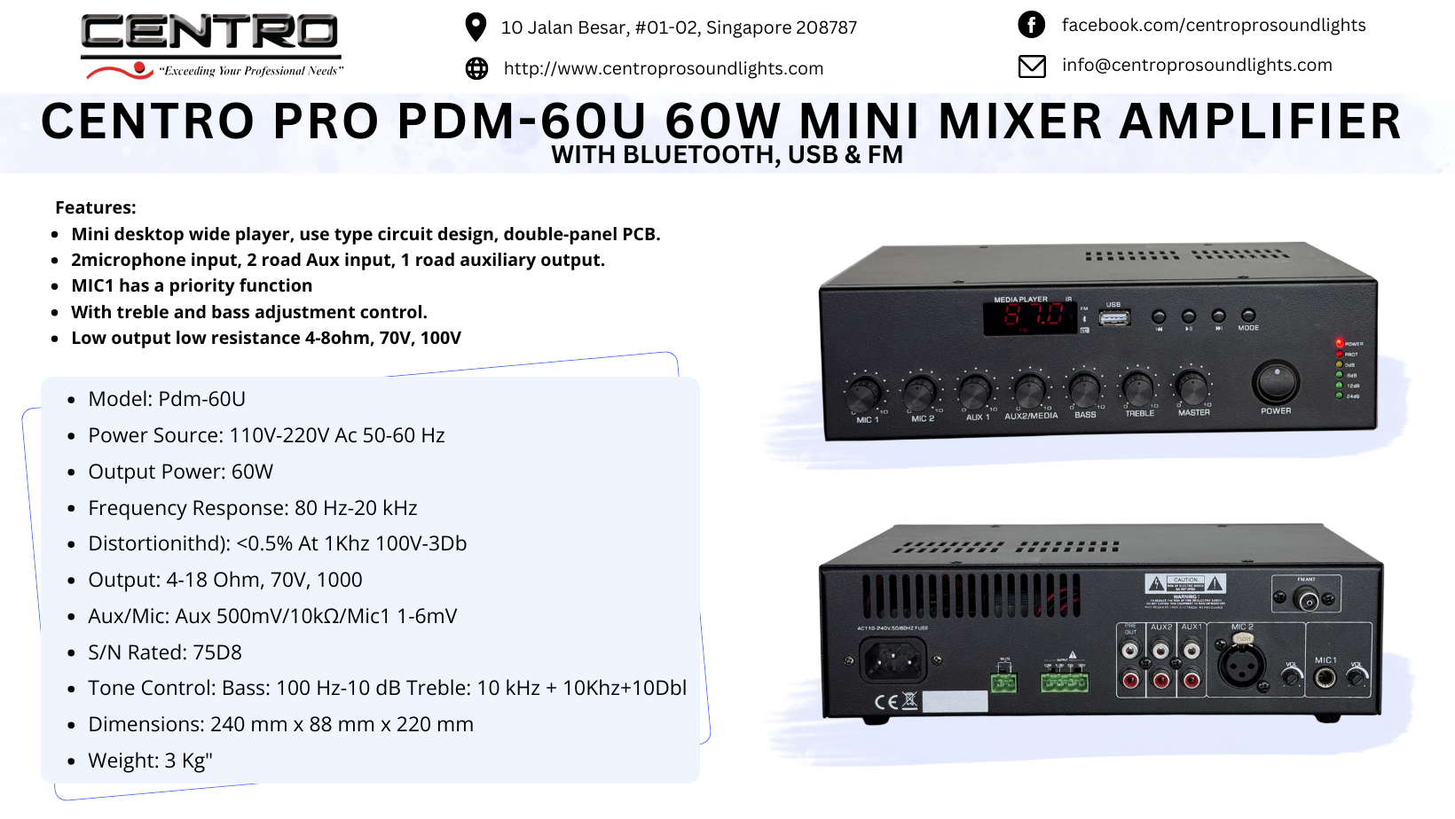 Centro Pro PDM-60U 60W Mini Mixer Amplifier with Bluetooth, USB & FM