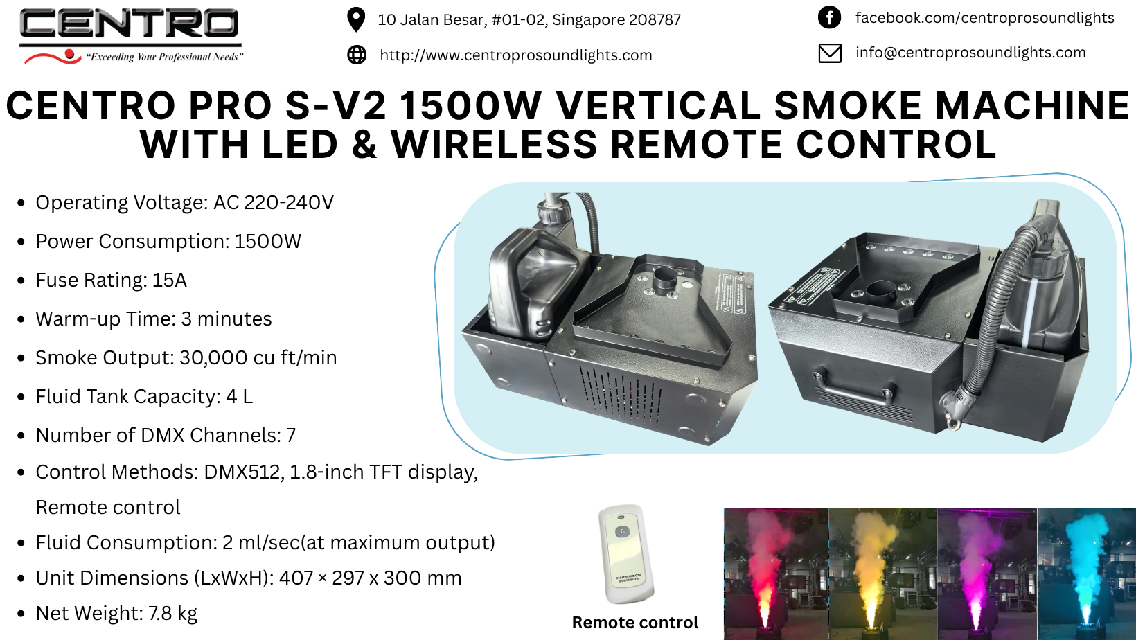 Centro Pro S-V2 1500W Vertical Smoke Machine with LED & Wireless Remote Control