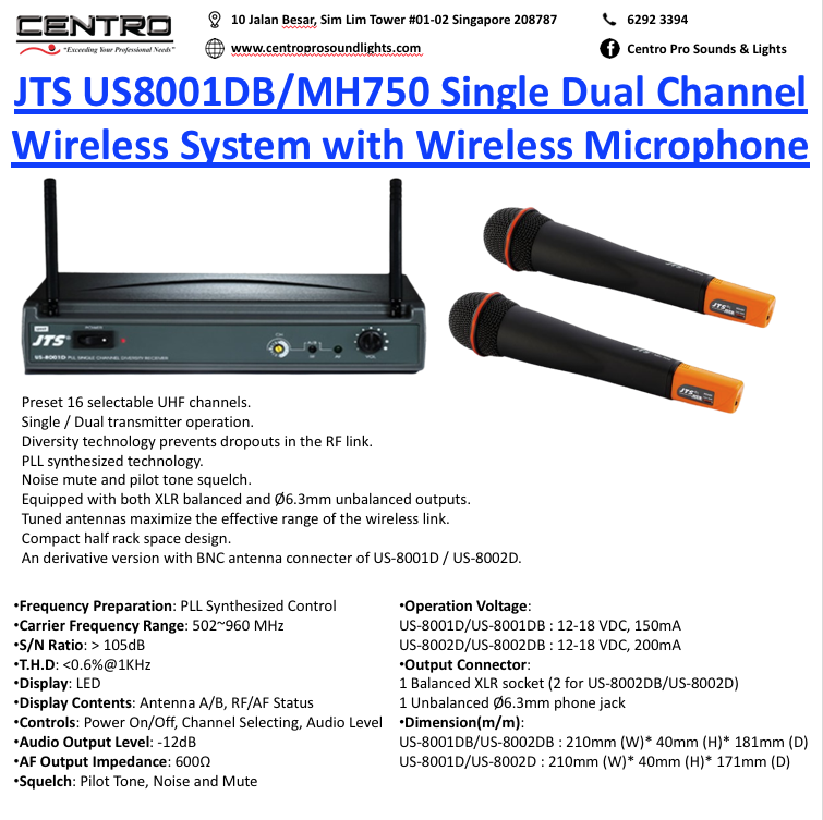 JTS US8001DB/MH750 Single Dual Channel Wireless System with Wireless Microphone
