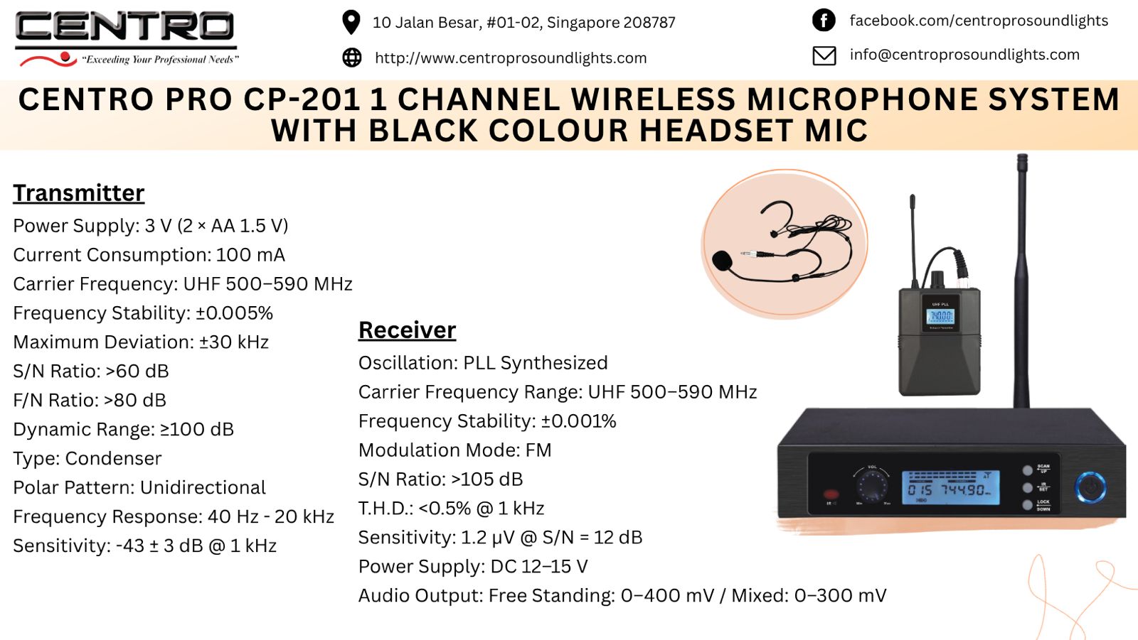 Centro Pro CP-201 1 Channel Wireless Microphone System with Black Colour Headset Mic